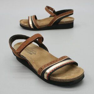Naot Ladies 8 -39 Slingback Hook Loop Strap Brown Gold Black Wedge Shoes Sandals